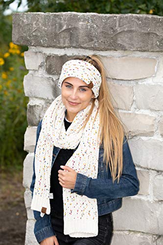 Funky Junque Cable Knit Fuzzy Lined Headwrap With Matching Infinity Scarf: Chenille Confetti - Oatmeal #TOP2