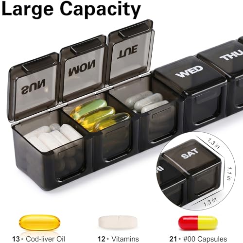 Image of BUG HULL Weekly Pill Organizer Large 2 Packs, Extra Large Travel Pill Organizers, Pill Box 7 Day, Travel Pill Case, Medicine Pill Organizer for Vitamins, Supplements and Medications (Black+White)