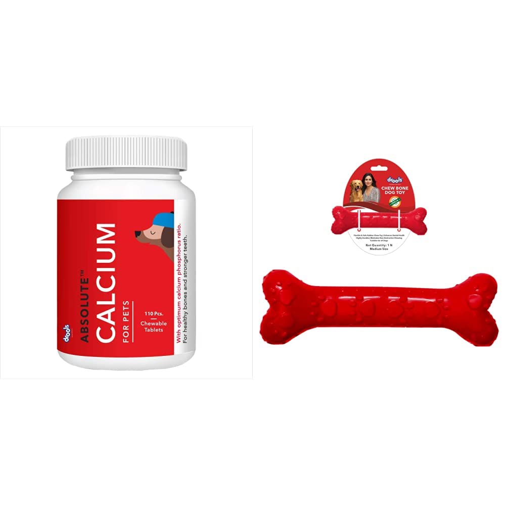 Drools Absolute Calcium Tablet- Dog Supplement, 110 Pieces&Non-Toxic Rubber Dog Chew Bone Toy, Puppy/Dog Teething Toy (Medium) - 5 Inches, Red