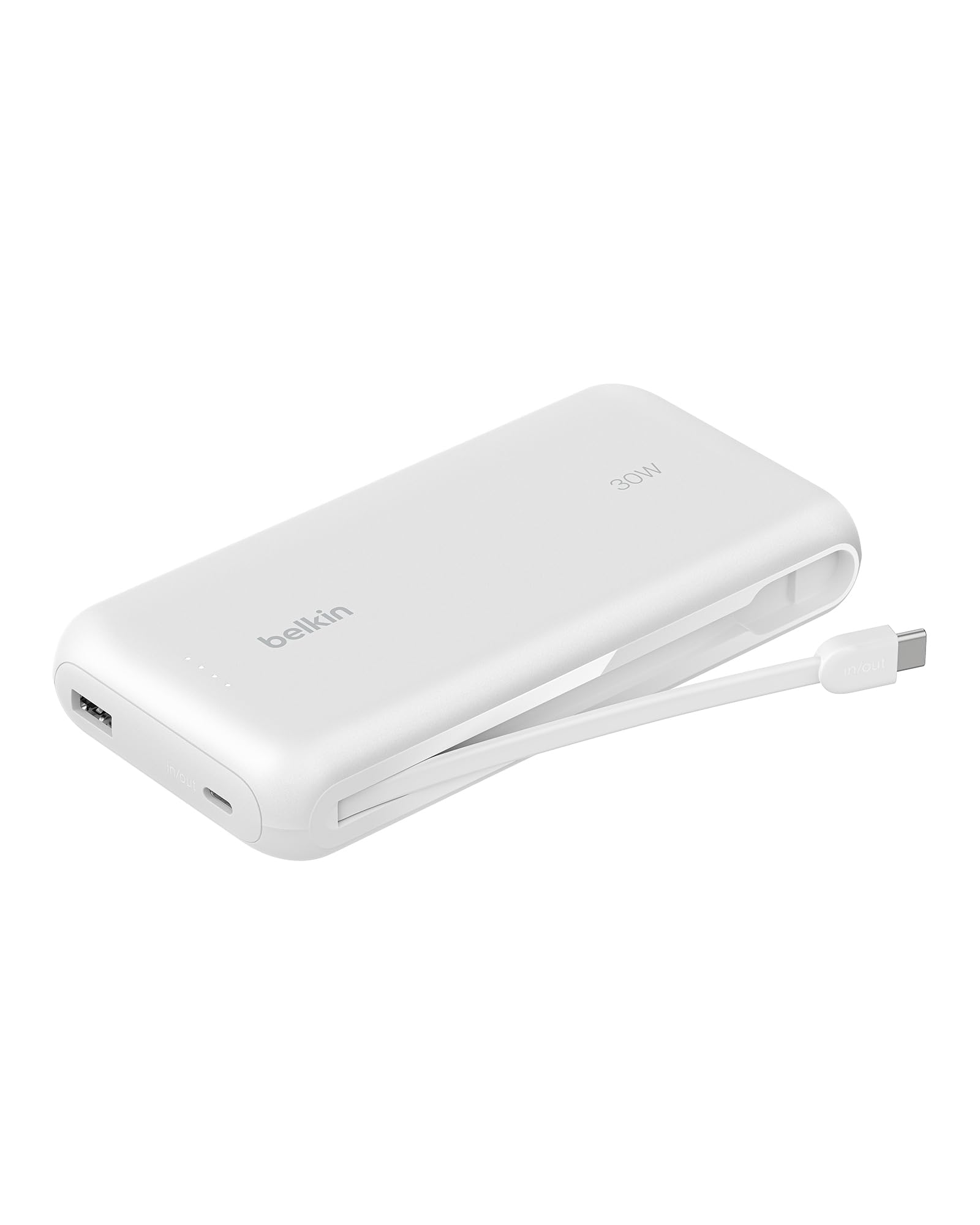 Belkin Chargeur Portable, Banque d'alimentation avec câble intégré 20K PD 30W - Charge Rapide USB-C Alimentation Chargeur Portable pour iPhone 16 Series, iPad Pro, Galaxy S25 Series et Plus - Blanc