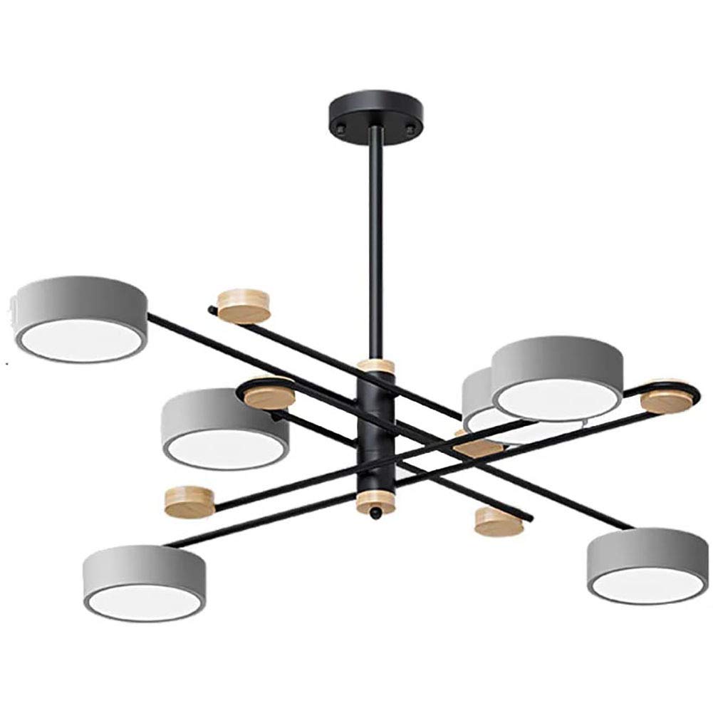 CSXSXAUO Modern LED Chandelier Acrylic Lampshade Pendant Light 72W Mid Century Iron & Wood Hanging Lamp Adjustable Nordic Indoor Ceiling Fixture Warm 6 Lights Vision