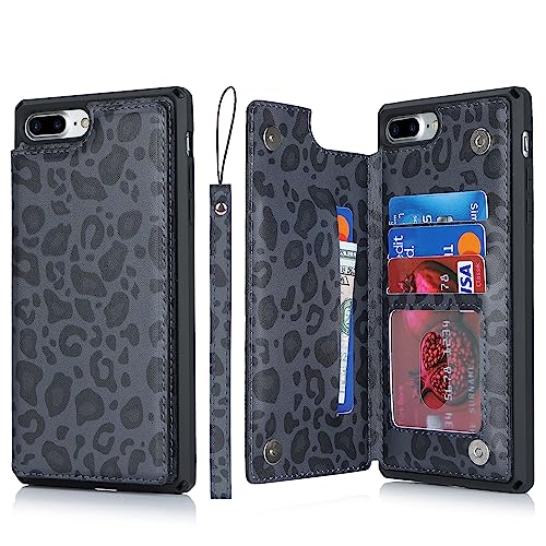 Étui portefeuille iPhone 7/8 Plus Cavor en cuir léopard noir avec porte-cartes et support