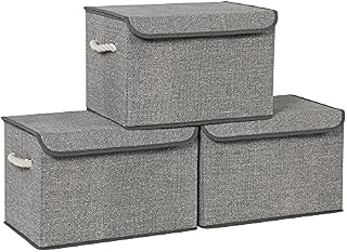 SONGMICS Storage Boxes with Lid, Set of 3 Fabric Storage Boxes and Organiser Bins with Cotton Handles, Linen Pattern, Grey RFB013G02