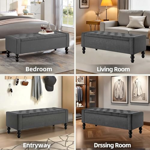 Image of 50 inch W Storage Ottoman Bench with Safety Hinge, Load up to 660 lb Ottoman with Storage, Upholstered Tufted Entryway Bench with Seating for Living Room, Bedroom, Entryway, Dark Gray