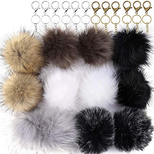 Auihiay 12 Pieces Faux Fox Fur Fluffy Pompoms Ball Include Lobster Clasp and Split Key Ring with Chain for DIY Keychains Hats Shoes Scarves Bag Charms (Dark Mix Colors)