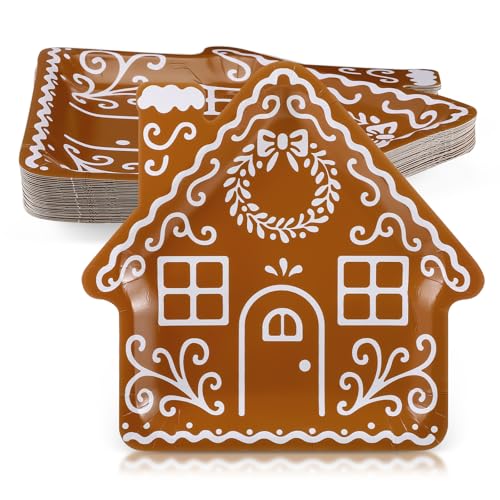 Meanplan 30 Pcs Christmas Gingerbread House Plates Gingerbread House Shaped Disposable Paper Plates Decorative Dinner Tableware for Xmas Winter Holiday Party Supplies Table Decor 7.5 x 6.9 in