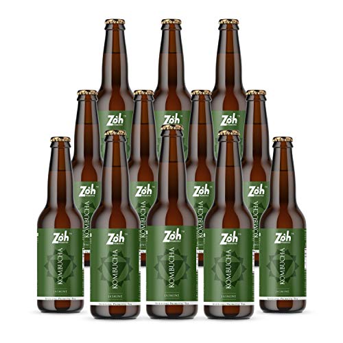 Image of Zoh Probiotics Jasmine Kombucha | Green Tea With Detoxifying Acids, & Digestive Enzymes. Raw, Unfiltered, & Unpasteurized With Mother. Made With Real Jasmine Flowers(330 Ml, Pack Of 12)