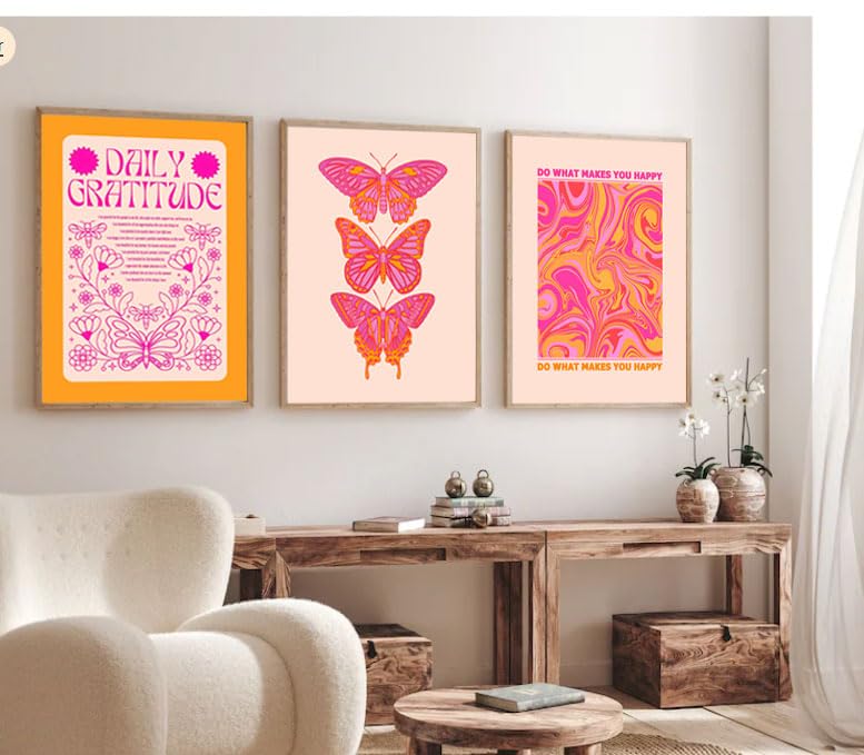 Hwetui Butterfly Wall Art Poster Set of 3 - Pink Orange Preppy Wall Decor Pictures, Daily Gratitude Paintings Prints Aesthetic Home Decor for Girls Bedroom Dorm Apartment 16x24 inch Unframed