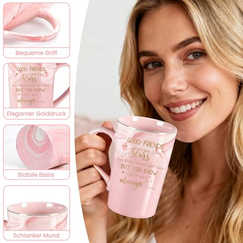 Best Friend Birthday Gifts for Women – Friendship Present for Women, BFF Gift Idea for Female Besties | 400ml Pink Marble Ceramic Gold Print Coffee Mug with Spoon, Lid, Card & Gift Box