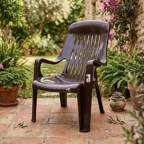 Image of Oaknest Unboxing Furniture Celloo Premium Plastic Relaxing Chair with Armrests | Ergonomic High-Back Lounge Seating for Home, Garden & Balcony (Brown), Count of 1