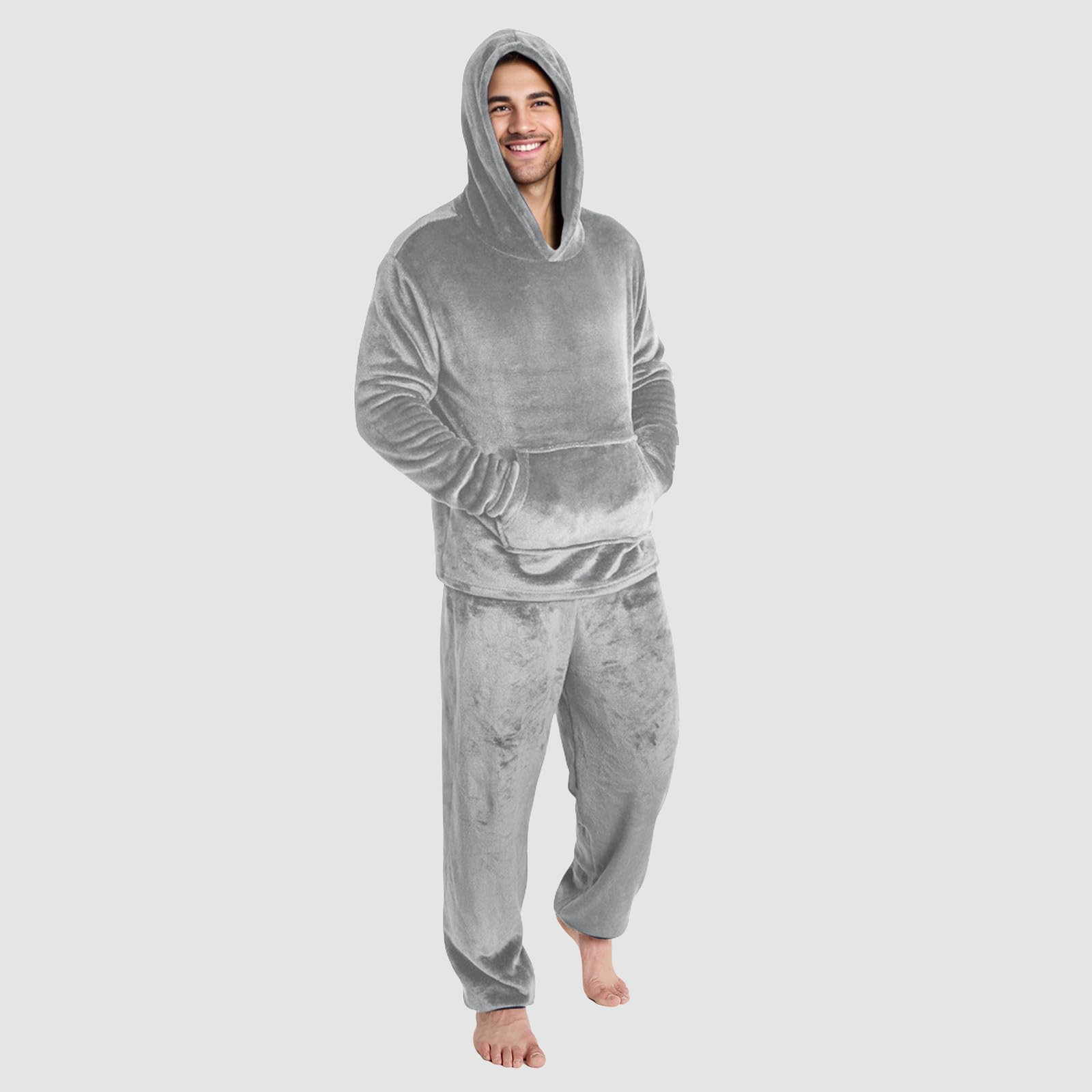 Generisch Pijama largo de franela para hombre, de forro polar, con capucha y pierna ancha, pantalones de casa elásticos, juego de dos piezas, mullido, térmico, con capucha, pantalones de dormir