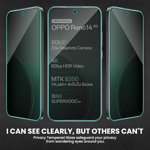 Image of FIRST MART Privacy Tempered Glass for Oppo Reno 14 & Reno 13, 2 Pack | Anti-Spy 9H Screen Protector, Edge-to-Edge, Case-Friendly, Scratch Resistant, Bubble-Free