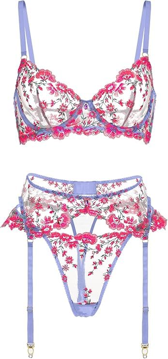 HELLOLAGIRL Sexy Lingerie Set for Women,Lace Womens Lingeries flower Teddy Lingerie 3 Piece with Garter Belt