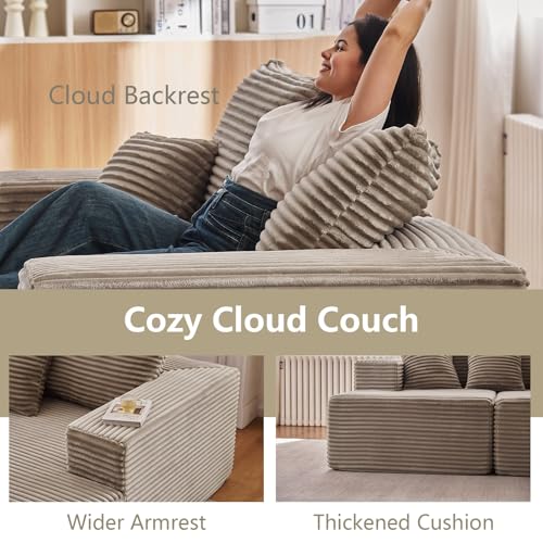 Image of 167.7 inch Sectional Cloud Couch for Living Room, Stupendous U Shaped Sofas, Modular Floor Deep-Seat Sofa, Big Comfy Corduroy Couches Set with Fluffy Memory Foam, No Assembly Required, Camel