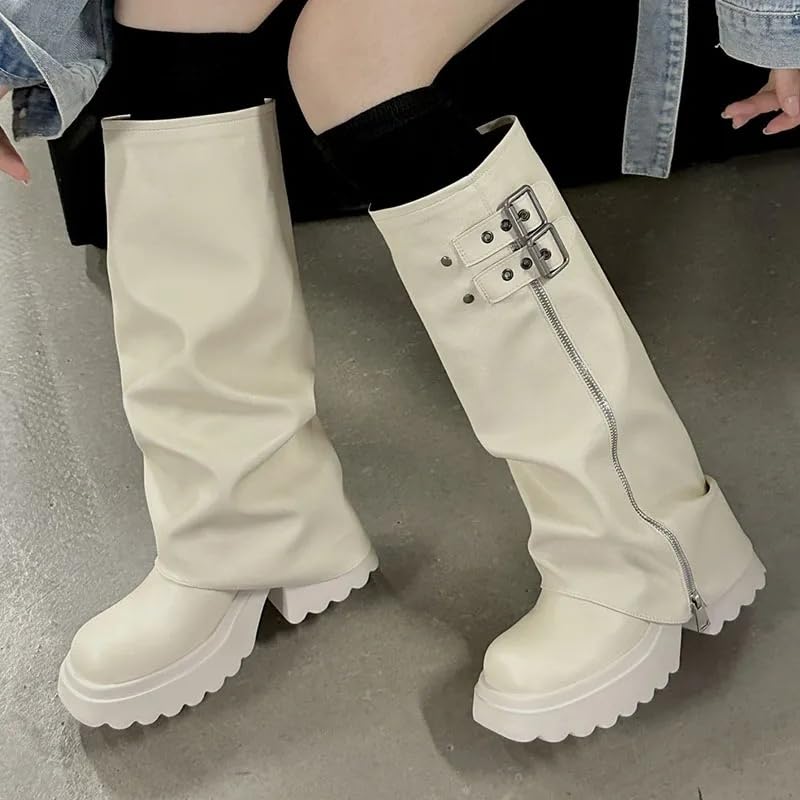 Image of MAVMAX Mid Calf Boots for Women Fold Over Zipper Buckle Riding Boot Black Wide Calf Platform Round Toe Chunky Low Heel Tall Boot Cowboy Biker Motorcycle Boots