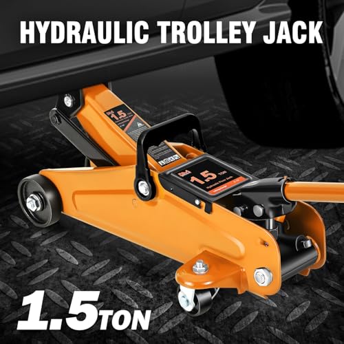 Image of PM PERFORMOTOR Low Profile Hydraulic Trolley Service /Floor Jack, 1.5 Ton (3000 lbs) Capacity, Lifting Range 5.3 inch-12 inch,Orange,PM-TOL-FJ15-OG