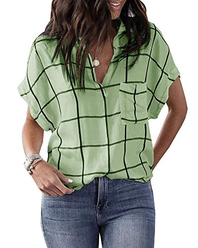Beautife Womens Casual V Neck Short Sleeve Plaid Shirts Loose Summer T Shirts Blouses with Pocket Green