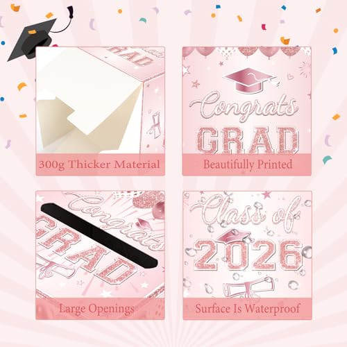 Image of Pink Graduation Congrats Card Box, Class of 2026 Rose Gold Graduation Party Decorations Money Card Boxes Holder, Graduation Gift Card Box for Grad Parties Supplies 8.7 x 8.7 x 8.7 Inch