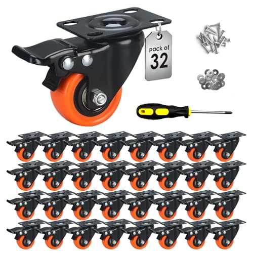 Image of 2 inch Caster Wheels Set of 32, Heavy Duty Casters with Brake, No Noise Locking Casters with Orange Polyurethane (PU) Wheels, Swivel Plate Castors Pack of 32
