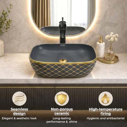 Image of Plantex Designer Ceramic Basin /Table Top Wash Basin for Bathroom /Countertop Vessel Sink - Indo-European Collection (EQTT-468, Gold & Grey)