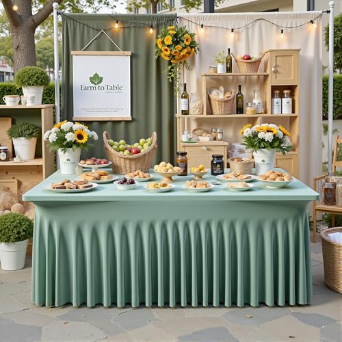 Image of NSSONBEN 2 pk Sage Green Spandex Tablecloth for 8 Foot Rectangle Tables,Wrinkle Free Fitted Spandex Table Covers 8ft Stretch Table Cloths with Ruffle Skirt for Parties Weddings Banquet Baby Shower