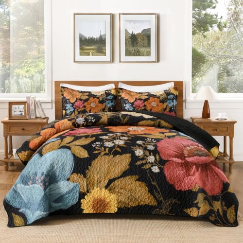 Image of Andency Floral Boho Queen Quilt Bedding Set Black Golden, 3 Pieces Farmhouse Flower Botanical Summer Bedspreads with 2 Shams, Soft Reversible Lightweight Polyester Coverlet Set for All Season, 90 inchx96 inch