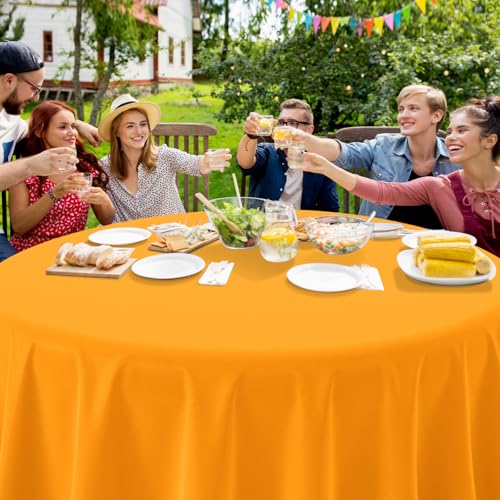 Image of 16 Pack Orange Plastic Tablecloths for Round Tables, Premium Decorative Orange Disposable Table Covers for Parties, Round Party Table Cover for Fall Autumn Birthday Thanksgiving Graduation, 84 Inch