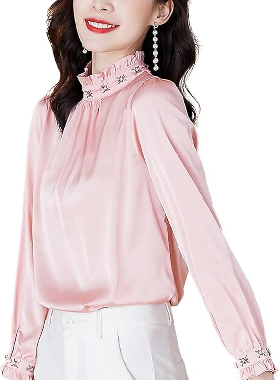 High collar satin blouse Clearance
