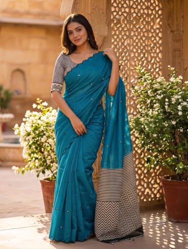 Image of Linen Cotton Saree with Black Mirror Work | New