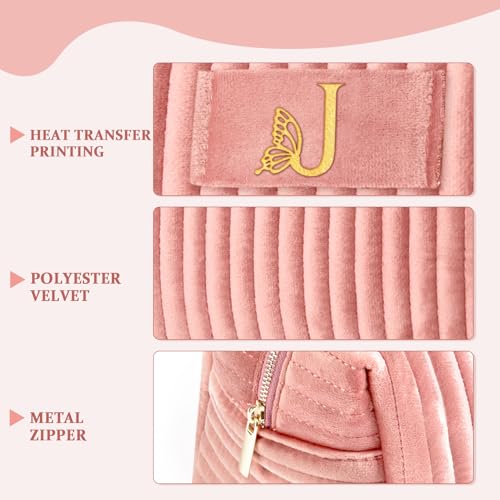 Image of COSHAYSOO Travel Makeup Bag Quilted Make Up Pouch Initial Cosmetic Case with Butterfly Decorations for Women Compact Mirror Traveling Size Beauty Tools Accessories Organizer Pink Velvet Letter J