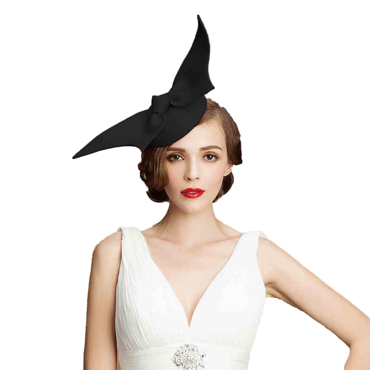 HIMESPORT Black Wool Felt Women Angel Wings Fascinator Hat Bow Tie Church Cocktail Tea Party Dress Pillbox Hats