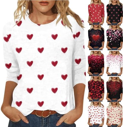 Valentines Shirts for Women 2026 - Dressy Casual 3/4 Sleeve Love Heart Tops Loose Comfy Bsaic Graphic Tees Blouse