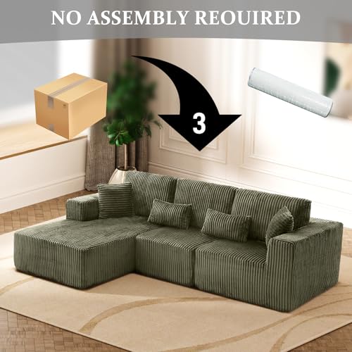 Image of 108 inch Boneless Cloud Sectional Couches for Living Room, Comfy Fluffy L Shaped Memory Foam Deep Seat Boneless Couch, Modular Sectional Sofa with Left Facing Chaise, Olive Green