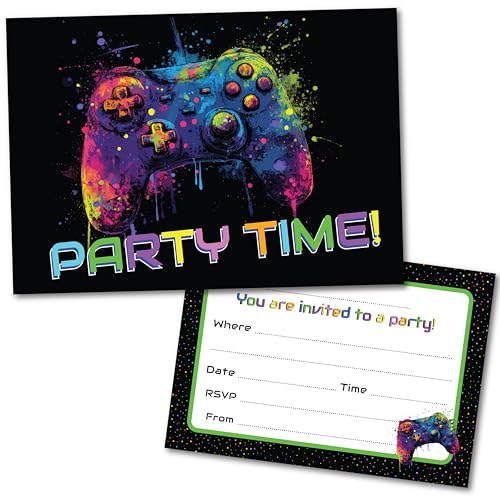PartiKraft (Pack of 15) Bright Gamer Gaming Controller Birthday Party Invitations - Made in the UK (Invitations Only - No Envelopes)