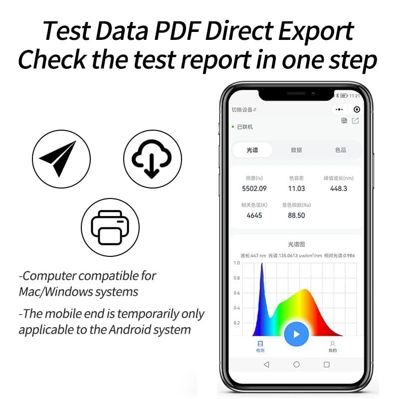 Smartphone screen showing spectrometer data with options for PDF export