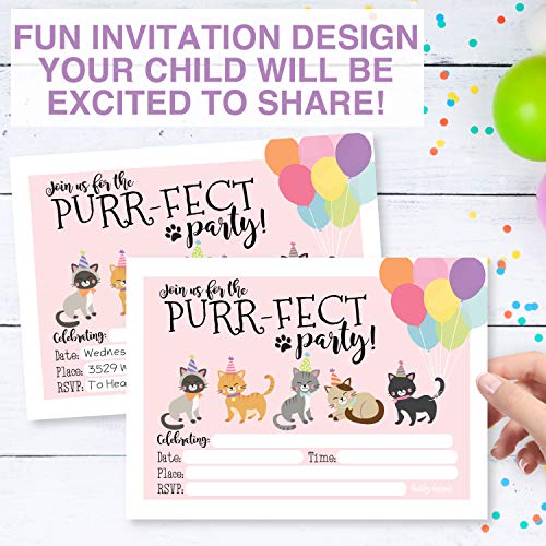 Image of Hadley Designs Kids Birthday Invitations Girl Cats Theme - 25 Cat Birthday Party Invitations For Girls, Purr-fect Invites For Girls, Cute Cats Party Supplies, Made in USA