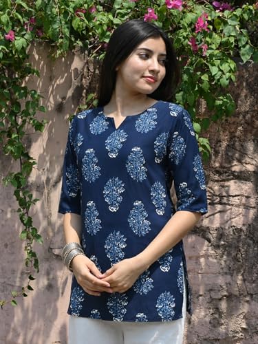 Image of Pinkmint Women Short Kurti | Cotton Blend Printed Tunic Top | Trendy Casual Top | Casual & Office Wear Ethnic Top for Jeans