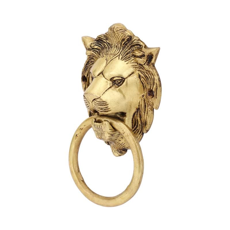Image of Brass Lion Face Shape Design Door Pull Handle Heavy Antique Royal Brass Door Knocker for Main Glass Wooden Door, Cabinet, Drawer (Golden, 5.5 inches)