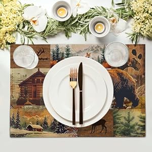 Rustic Lodge Placemats Set of 412×18 Inch Bear Deer Fox Cabin Country Brown Black Table Mats Heat Resistant Non Slip Place Mat Kitchen Dining Room Party Decor Indoor Outdoor