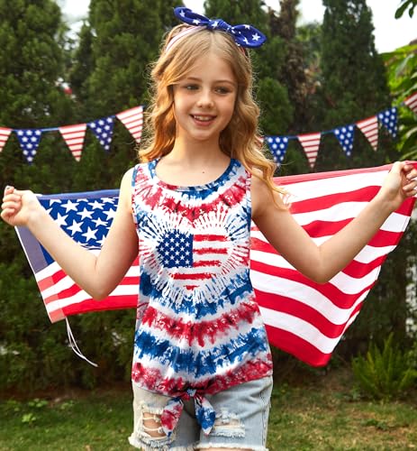 Image of July 4th Girls Patriotic Sleeveless Tie Knot Front Tank Top Stars Stripes Tee Shirt 4-14 Years