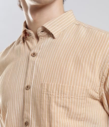Image of TURMS Men's Casual Striped Linen Shirt | Water Repellent | Anti Stain Anti Odor | Kansas Linen | Concealed Button Down Collar | Full Sleeves