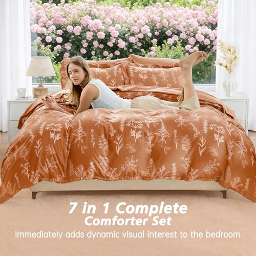Image of MUXHOMO California King Comforter Set, Burnt Orange Elegant Floral Print Bed in a Bag 7 Pieces, Soft & Breathable Reversible Botanical Pattern Bedding Set with Comforter, Sheets, Pillowcases & Shams