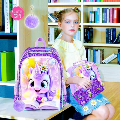 Image of CCJPX 3Pcs Unicorn Backpack, 16 inch Kids Girls Bookbag with Lunch Box, Water Resistant Elementary School Bag for Kindergarten Preschool Toddler (Purple)