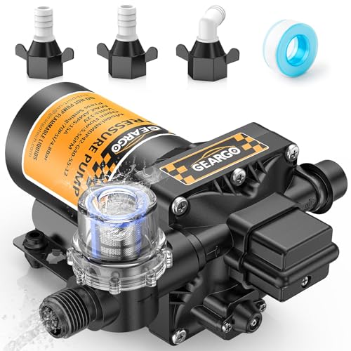 GEARGO RV Fresh Water Pump, 12V DC, 5.5GPM 45-70 PSI, Self-Priming Diaphragm Water Pump with Pressure Switch, Strainer, and Hose Adapter, for RV, Marine, Yacht, Caravan, and Outdoor Use