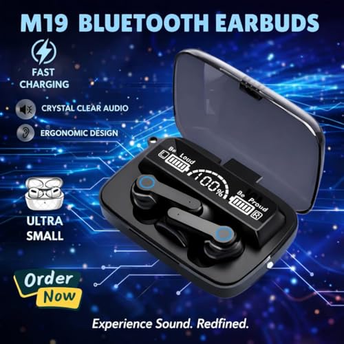 Image of M19 Wireless Earbuds with LED Digital Display, Bluetooth 5.1, 9D HiFi Sound, IPX7 Waterproof, Touch Control, Wireless Charging Case