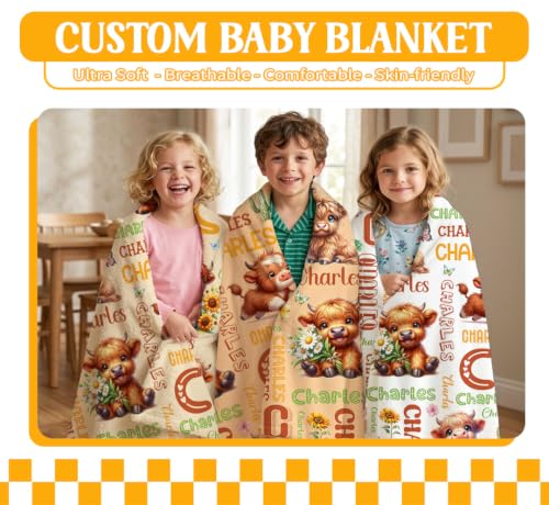 Image of Custom Highland Cow Blanket for Boys Girls,Ultra Soft Personalized Gifts Baby Blanket,Customized Throw for Toddlers Newborn Stroller Crib,30 inchx40 inch