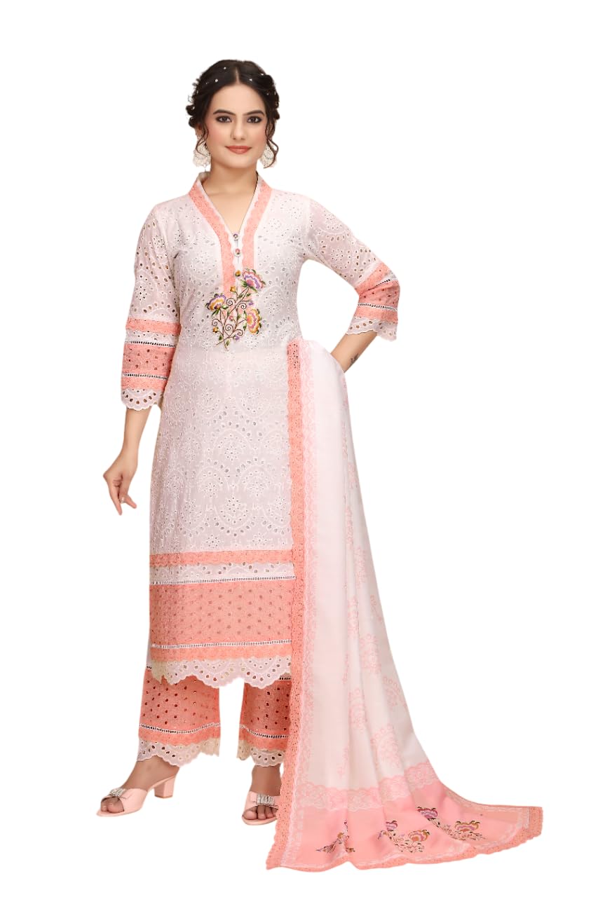 vihu fashion Women's Peach Cotton V Neck Embroidery Schiffli work Straight Kurta and Pant with Dupatta Set-picture-40