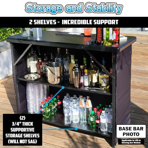 Image of PartyLife 48 inch Premium Glowing LED Surface Portable Bar Table with White Skirt, Mobile App, Folding Legs, Black Fabric Bar Skirt, 2 Storage Shelves & 2 Carrying Bags