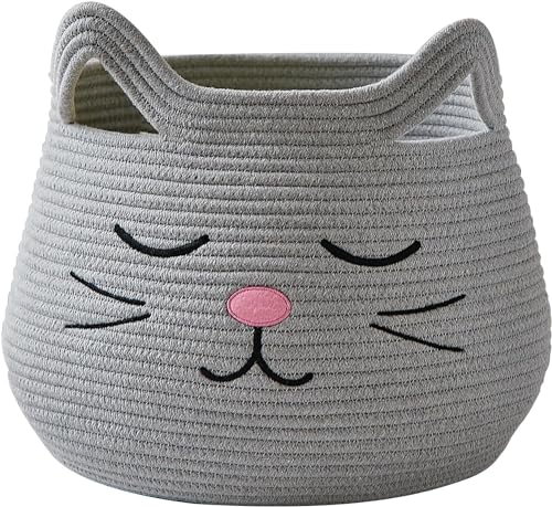 Image of ALBY Woven,Tall Wicker Laundry Basket for Blankets,Clothes,Pillows,Toys,Shoes Large Cotton Laundry Hamper for Bedroom Living Room Bathroom Nursery (15d'' x 12h'' inch, grey cat A)