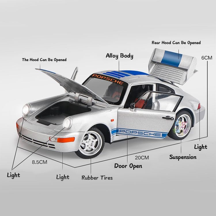 Image of Exclusive Alloy Metal Pull Back Die-Cast Car Diecast Metal Pullback Toy Car with Openable 6 Doors,Light Music Boys Gifts Toys (1:24 Porsche 964)